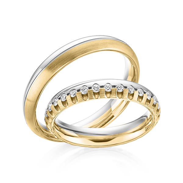 Paar bicolor Memoire-Trauringe/Eheringe in Gelbgold 585 Graugold 585 vollausgefasst mit zus. 0,72 ct. Brillant tw, si von Steinberg - Q-1485-10 Paar bicolor Memoire-Trauringe/Eheringe in Gelbgold 585 Graugold 585 vollausgefasst mit zus. 0,72 ct. Brillant tw, si von Steinberg - Q-1485-10