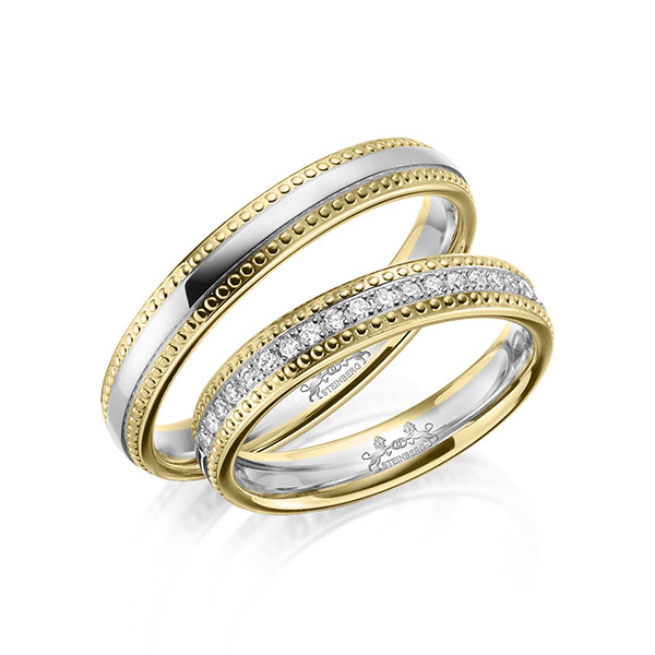 Paar bicolor Memoire-Trauringe/Eheringe in Gelbgold 585 Weißgold 585 halbausgefasst mit zus. 0,21 ct. Brillant tw, si von Steinberg - Q-1639-1 Paar bicolor Memoire-Trauringe/Eheringe in Gelbgold 585 Weißgold 585 halbausgefasst mit zus. 0,21 ct. Brillant tw, si von Steinberg - Q-1639-1