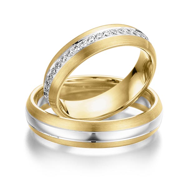 Paar bicolor Memoire-Trauringe/Eheringe in Gelbgold 585 Weissgold 585 vollausgefasst mit zus. 0,46 ct. Brillant tw, si von Steinberg - Q-1072-1 Paar bicolor Memoire-Trauringe/Eheringe in Gelbgold 585 Weissgold 585 vollausgefasst mit zus. 0,46 ct. Brillant tw, si von Steinberg - Q-1072-1