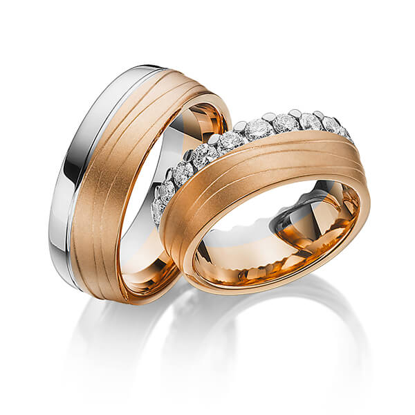 Paar bicolor Memoire-Trauringe/Eheringe in Graugold 585 Rotgold 585 vollausgefasst mit zus. 1,84 ct. Brillant tw, si von Steinberg - T-1146-3 Paar bicolor Memoire-Trauringe/Eheringe in Graugold 585 Rotgold 585 vollausgefasst mit zus. 1,84 ct. Brillant tw, si von Steinberg - T-1146-3