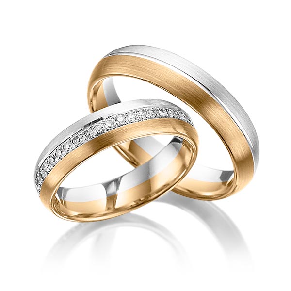 Paar bicolor Memoire-Trauringe/Eheringe in Palladium 950 Roségold 585 vollausgefasst mit zus. 0,46 ct. Brillant tw, si von Steinberg - Q-1071-1 Paar bicolor Memoire-Trauringe/Eheringe in Palladium 950 Roségold 585 vollausgefasst mit zus. 0,46 ct. Brillant tw, si von Steinberg - Q-1071-1