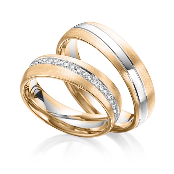 Paar bicolor Memoire-Trauringe/Eheringe in Roségold 585 Weissgold 585 vollausgefasst mit zus. 0,46 ct. Brillant tw, si von Steinberg - Q-1105-7 Paar bicolor Memoire-Trauringe/Eheringe in Roségold 585 Weissgold 585 vollausgefasst mit zus. 0,46 ct. Brillant tw, si von Steinberg - Q-1105-7