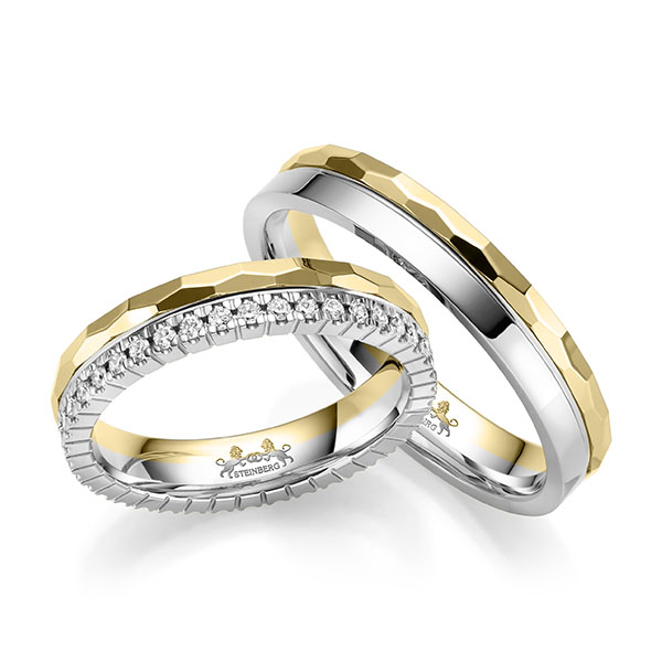 Paar bicolor Memoire-Trauringe/Eheringe in Weißgold 585 Gelbgold 585 vollausgefasst mit zus. 0,42 ct. Brillant tw, si von Steinberg - Q-1696-5 Paar bicolor Memoire-Trauringe/Eheringe in Weißgold 585 Gelbgold 585 vollausgefasst mit zus. 0,42 ct. Brillant tw, si von Steinberg - Q-1696-5