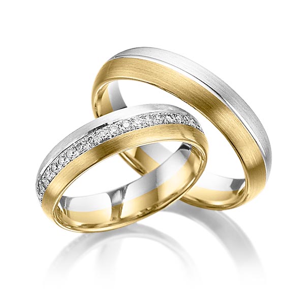Paar bicolor Memoire-Trauringe/Eheringe in Weissgold 585 Gelbgold 585 vollausgefasst mit zus. 0,46 ct. Brillant tw, si von Steinberg - Q-1071-7 Paar bicolor Memoire-Trauringe/Eheringe in Weissgold 585 Gelbgold 585 vollausgefasst mit zus. 0,46 ct. Brillant tw, si von Steinberg - Q-1071-7