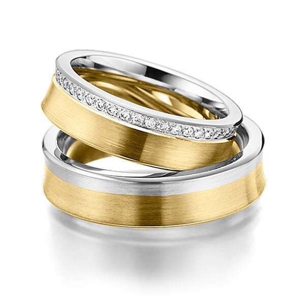 Paar bicolor Memoire-Trauringe/Eheringe in Weissgold 585 Gelbgold 585 vollausgefasst mit zus. 0,48 ct. Brillant tw, si von Steinberg - Q-1081-7 Paar bicolor Memoire-Trauringe/Eheringe in Weissgold 585 Gelbgold 585 vollausgefasst mit zus. 0,48 ct. Brillant tw, si von Steinberg - Q-1081-7