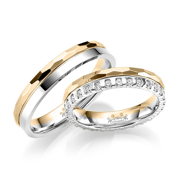Paar bicolor Memoire-Trauringe/Eheringe in Weißgold 585 Roségold 585 vollausgefasst mit zus. 0,58 ct. tw, vs von Steinberg - Q-1694-2 Paar bicolor Memoire-Trauringe/Eheringe in Weißgold 585 Roségold 585 vollausgefasst mit zus. 0,58 ct. tw, vs von Steinberg - Q-1694-2