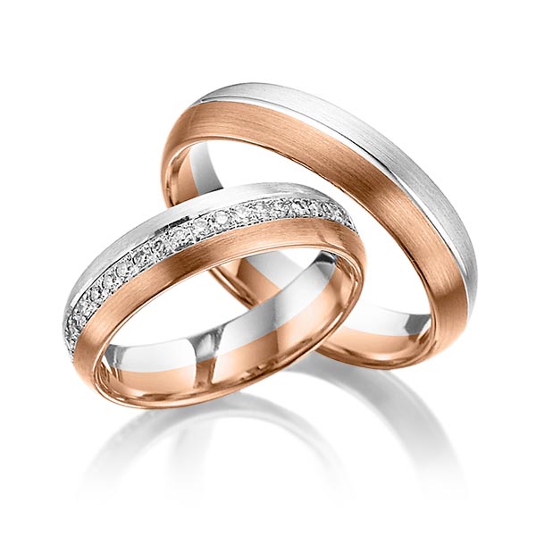 Paar bicolor Memoire-Trauringe/Eheringe in Weissgold 585 Rotgold 585 vollausgefasst mit zus. 0,46 ct. Brillant tw, si von Steinberg - Q-1071-8 Paar bicolor Memoire-Trauringe/Eheringe in Weissgold 585 Rotgold 585 vollausgefasst mit zus. 0,46 ct. Brillant tw, si von Steinberg - Q-1071-8