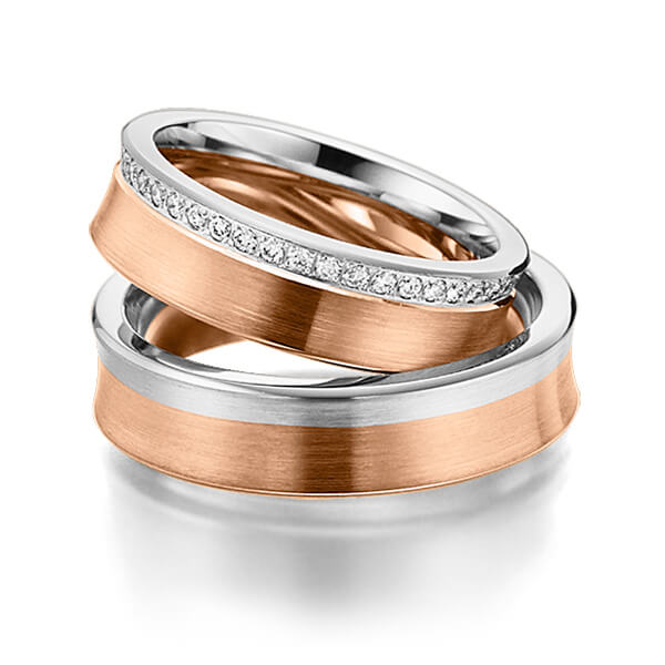 Paar bicolor Memoire-Trauringe/Eheringe in Weissgold 585 Rotgold 585 vollausgefasst mit zus. 0,48 ct. Brillant tw, si von Steinberg - Q-1081-8 Paar bicolor Memoire-Trauringe/Eheringe in Weissgold 585 Rotgold 585 vollausgefasst mit zus. 0,48 ct. Brillant tw, si von Steinberg - Q-1081-8