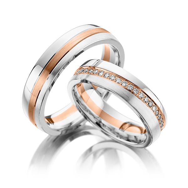 Paar bicolor Memoire-Trauringe/Eheringe in Weissgold 585 Rotgold 585 vollausgefasst mit zus. 0,74 ct. Brillant tw, si von Steinberg - Q-1096-8 Paar bicolor Memoire-Trauringe/Eheringe in Weissgold 585 Rotgold 585 vollausgefasst mit zus. 0,74 ct. Brillant tw, si von Steinberg - Q-1096-8