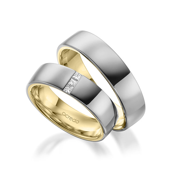 Paar bicolor Trauringe/Eheringe in außen Graugold 585 , innen Gelbgold 585 mit zus. 0,09 ct. Prinzess-Diamant tw, si von acredo - A-2009-2 Paar bicolor Trauringe/Eheringe in außen Graugold 585 , innen Gelbgold 585 mit zus. 0,09 ct. Prinzess-Diamant tw, si von acredo - A-2009-2