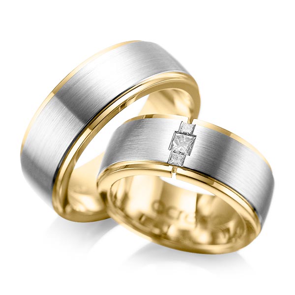 Paar bicolor Trauringe/Eheringe in aussen Platin 950 , innen Gelbgold 750 mit zus. 0,21 ct. Prinzess-Diamant tw, si von acredo - A-1087-3 Paar bicolor Trauringe/Eheringe in aussen Platin 950 , innen Gelbgold 750 mit zus. 0,21 ct. Prinzess-Diamant tw, si von acredo - A-1087-3