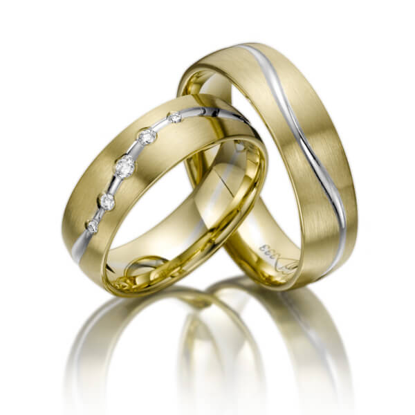 Paar bicolor Trauringe/Eheringe in Gelbgold 375 Weißgold 375 mit zus. 0,1 ct. Brillant tw, si von Steinberg - T-1092-1 Paar bicolor Trauringe/Eheringe in Gelbgold 375 Weißgold 375 mit zus. 0,1 ct. Brillant tw, si von Steinberg - T-1092-1