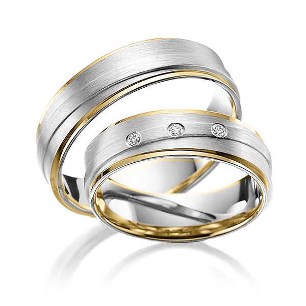 Paar bicolor Trauringe/Eheringe in Gelbgold 585 Weißgold 585 mit zus. 0,06 ct. Brillant tw, si von Steinberg - T-1134-11 Paar bicolor Trauringe/Eheringe in Gelbgold 585 Weißgold 585 mit zus. 0,06 ct. Brillant tw, si von Steinberg - T-1134-11