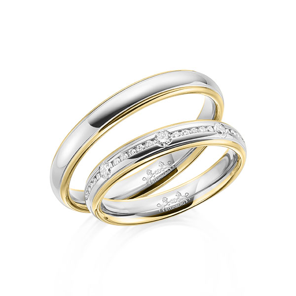 Paar bicolor Trauringe/Eheringe in Gelbgold 585 Weißgold 585 mit zus. 0,22 ct. Brillant tw, si von Steinberg - Q-1611-2 Paar bicolor Trauringe/Eheringe in Gelbgold 585 Weißgold 585 mit zus. 0,22 ct. Brillant tw, si von Steinberg - Q-1611-2