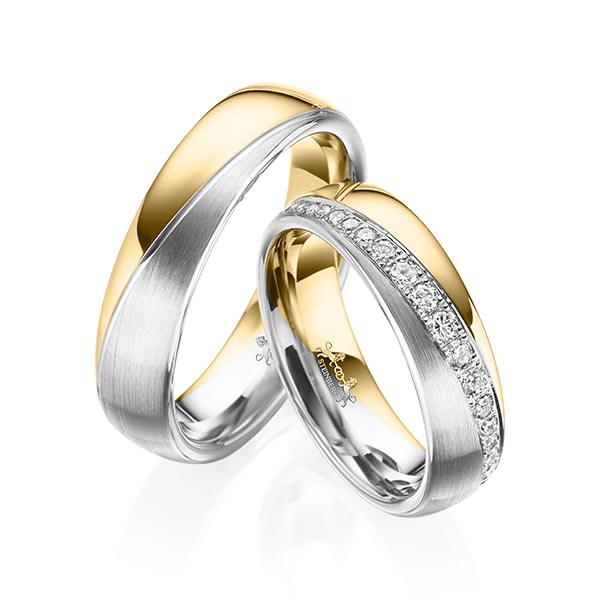 Paar bicolor Trauringe/Eheringe in Gelbgold 585 Weißgold 585 mit zus. 0,652 ct. Brillant tw, si von Steinberg - Q-1577-2 Paar bicolor Trauringe/Eheringe in Gelbgold 585 Weißgold 585 mit zus. 0,652 ct. Brillant tw, si von Steinberg - Q-1577-2