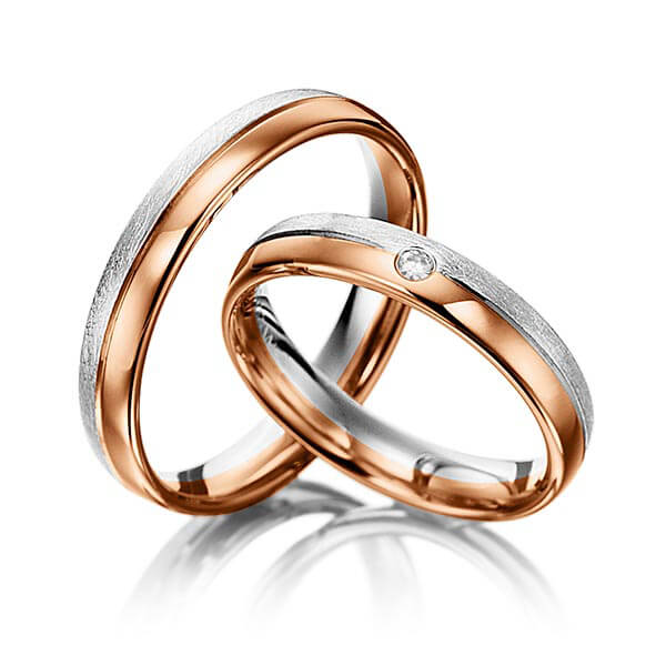 Paar bicolor Trauringe/Eheringe in Graugold 585 Rotgold 585 mit zus. 0,03 ct. Brillant tw, si von acredo - S-1063-8 Paar bicolor Trauringe/Eheringe in Graugold 585 Rotgold 585 mit zus. 0,03 ct. Brillant tw, si von acredo - S-1063-8