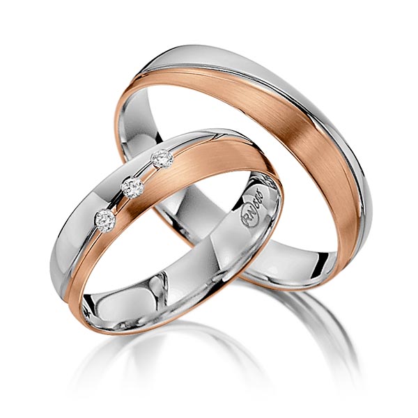 Paar bicolor Trauringe/Eheringe in Graugold 585 Rotgold 585 mit zus. 0,06 ct. Brillant tw, si von Steinberg - Q-1395-11 Paar bicolor Trauringe/Eheringe in Graugold 585 Rotgold 585 mit zus. 0,06 ct. Brillant tw, si von Steinberg - Q-1395-11