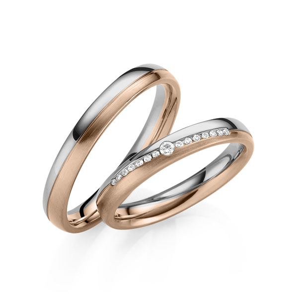 Paar bicolor Trauringe/Eheringe in Graugold 585 Rotgold 585 mit zus. 0,095 ct. Brillant tw, vs von 123gold - Y-1418-16 Paar bicolor Trauringe/Eheringe in Graugold 585 Rotgold 585 mit zus. 0,095 ct. Brillant tw, vs von 123gold - Y-1418-16