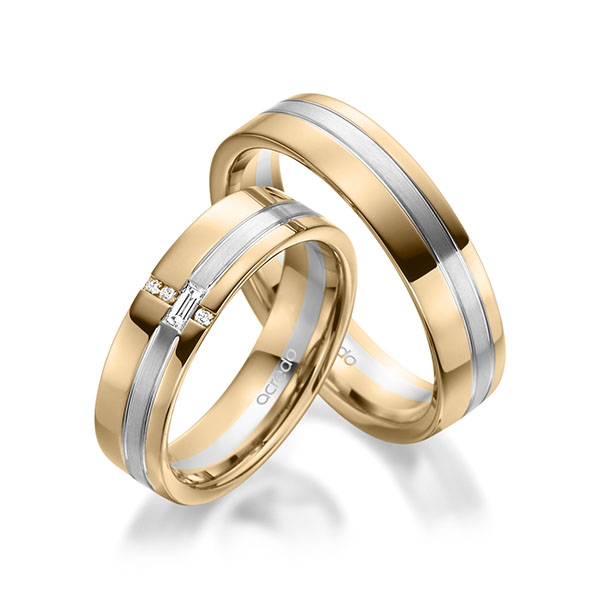 Paar bicolor Trauringe/Eheringe in Roségold 585 Weißgold 585 mit zus. 0,074 ct. Baguette-Diamant & Brillant tw, vs tw, si von acredo - A-1947-1 Paar bicolor Trauringe/Eheringe in Roségold 585 Weißgold 585 mit zus. 0,074 ct. Baguette-Diamant & Brillant tw, vs tw, si von acredo - A-1947-1