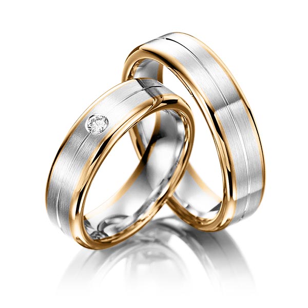 Paar bicolor Trauringe/Eheringe in Roségold 585 Weißgold 585 mit zus. 0,08 ct. Brillant tw, si von acredo - S-1065-1 Paar bicolor Trauringe/Eheringe in Roségold 585 Weißgold 585 mit zus. 0,08 ct. Brillant tw, si von acredo - S-1065-1