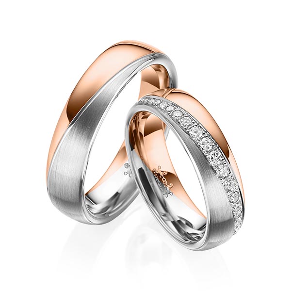 Paar bicolor Trauringe/Eheringe in Rotgold 585 Graugold 585 mit zus. 0,652 ct. Brillant tw, si von Steinberg - Q-1577-11 Paar bicolor Trauringe/Eheringe in Rotgold 585 Graugold 585 mit zus. 0,652 ct. Brillant tw, si von Steinberg - Q-1577-11