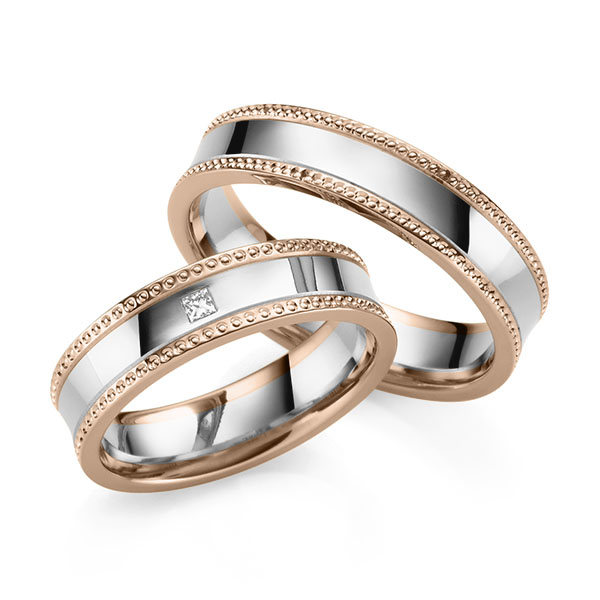 Paar bicolor Trauringe/Eheringe in Rotgold 585 Weißgold 585 mit zus. 0,04 ct. Prinzess-Diamant tw, vs von 123gold - Y-1423-1 Paar bicolor Trauringe/Eheringe in Rotgold 585 Weißgold 585 mit zus. 0,04 ct. Prinzess-Diamant tw, vs von 123gold - Y-1423-1