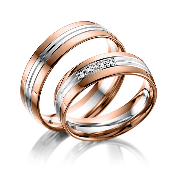 Paar bicolor Trauringe/Eheringe in Rotgold 585 Weissgold 585 mit zus. 0,05 ct. Brillant tw, si von Steinberg - Q-1052-3 Paar bicolor Trauringe/Eheringe in Rotgold 585 Weissgold 585 mit zus. 0,05 ct. Brillant tw, si von Steinberg - Q-1052-3