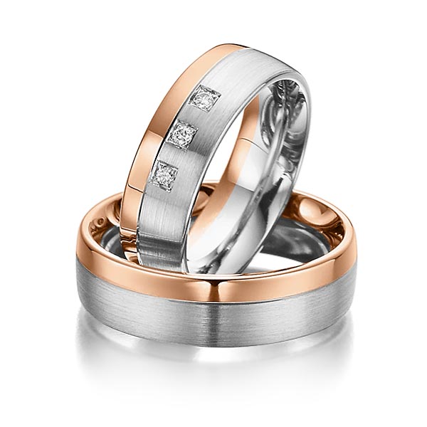 Paar bicolor Trauringe/Eheringe in Rotgold 585 Weissgold 585 mit zus. 0,06 ct. Brillant tw, si von Steinberg - Q-1075-9 Paar bicolor Trauringe/Eheringe in Rotgold 585 Weissgold 585 mit zus. 0,06 ct. Brillant tw, si von Steinberg - Q-1075-9