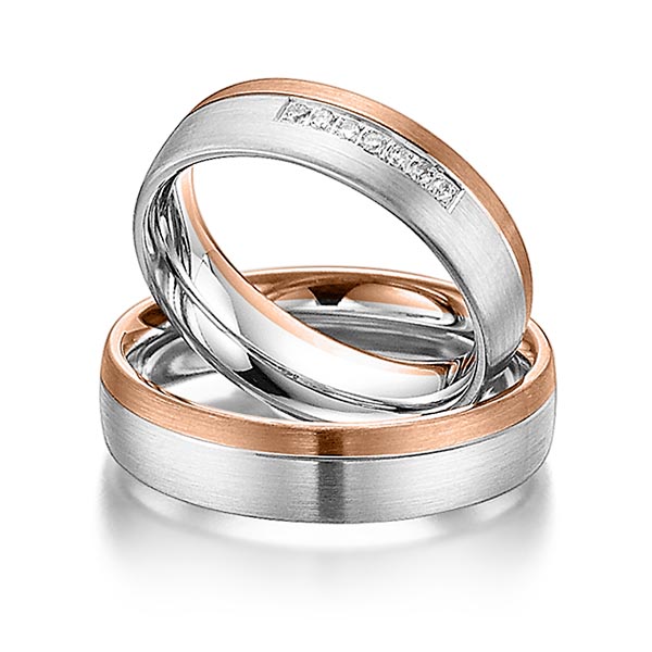 Paar bicolor Trauringe/Eheringe in Rotgold 585 Weissgold 585 mit zus. 0,07 ct. Brillant tw, si von Steinberg - Q-1074-1 Paar bicolor Trauringe/Eheringe in Rotgold 585 Weissgold 585 mit zus. 0,07 ct. Brillant tw, si von Steinberg - Q-1074-1