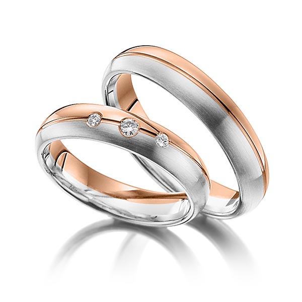 Paar bicolor Trauringe/Eheringe in Rotgold 585 Weissgold 585 mit zus. 0,08 ct. Brillant tw, si von Steinberg - Q-1094-9 Paar bicolor Trauringe/Eheringe in Rotgold 585 Weissgold 585 mit zus. 0,08 ct. Brillant tw, si von Steinberg - Q-1094-9