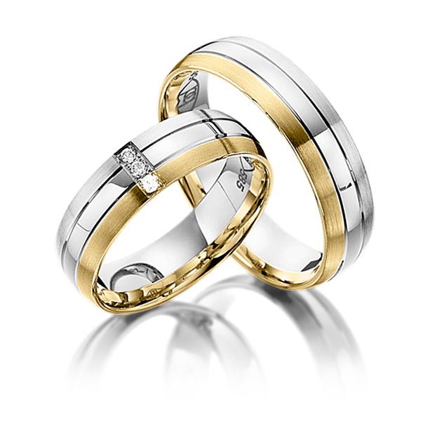 Paar bicolor Trauringe/Eheringe in Weissgold 585 Gelbgold 585 mit zus. 0,03 ct. Brillant tw, si von Steinberg - Q-1051-2 Paar bicolor Trauringe/Eheringe in Weissgold 585 Gelbgold 585 mit zus. 0,03 ct. Brillant tw, si von Steinberg - Q-1051-2
