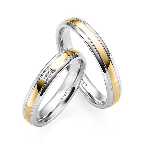 Paar bicolor Trauringe/Eheringe in Weißgold 585 Gelbgold 585 mit zus. 0,06 ct. Baguette-Diamant tw, vs von acredo - S-1229-1 Paar bicolor Trauringe/Eheringe in Weißgold 585 Gelbgold 585 mit zus. 0,06 ct. Baguette-Diamant tw, vs von acredo - S-1229-1