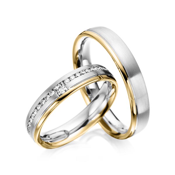 Paar bicolor Trauringe/Eheringe in Weissgold 585 Gelbgold 585 mit zus. 0,32 ct. Brillant & Prinzess-Diamant tw, si von acredo - A-6023-3 Paar bicolor Trauringe/Eheringe in Weissgold 585 Gelbgold 585 mit zus. 0,32 ct. Brillant & Prinzess-Diamant tw, si von acredo - A-6023-3