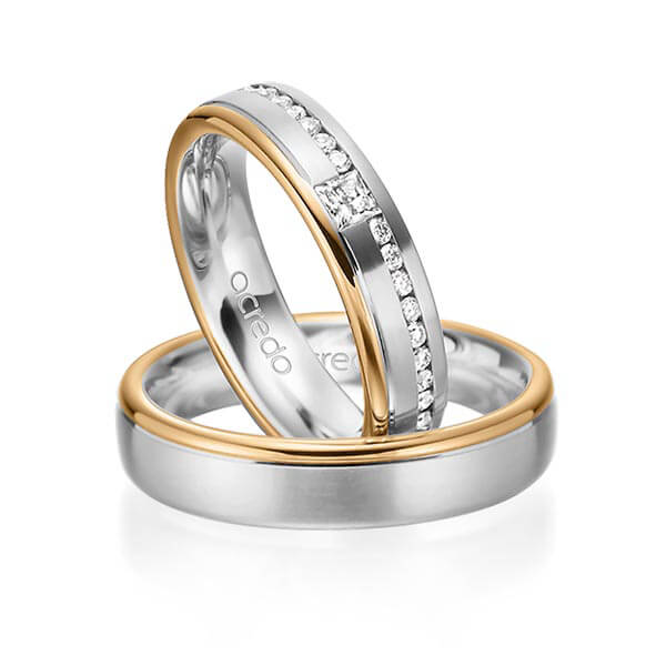 Paar bicolor Trauringe/Eheringe in Weissgold 585 Roségold 585 mit zus. 0,32 ct. Brillant & Prinzess-Diamant tw, si von acredo - A-6023-1 Paar bicolor Trauringe/Eheringe in Weissgold 585 Roségold 585 mit zus. 0,32 ct. Brillant & Prinzess-Diamant tw, si von acredo - A-6023-1
