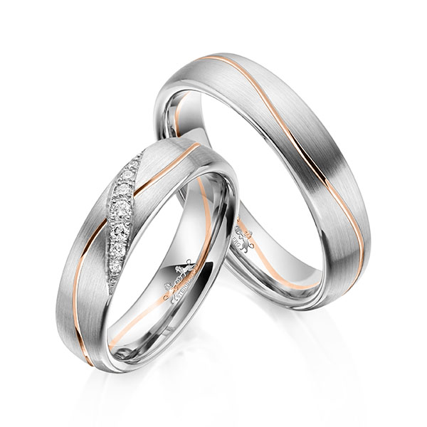 Paar bicolor Trauringe/Eheringe in Weißgold 585 Rotgold 585 mit zus. 0,1 ct. Brillant tw, si von Steinberg - Q-1610-1 Paar bicolor Trauringe/Eheringe in Weißgold 585 Rotgold 585 mit zus. 0,1 ct. Brillant tw, si von Steinberg - Q-1610-1