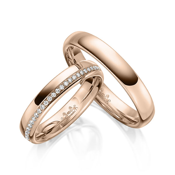 Paar klassische Memoire-Trauringe/Eheringe in außen Rotgold 585 , innen Rotgold 585 halbausgefasst mit zus. 0,14 ct. Brillant tw, si von Steinberg - Q-1636-6 Paar klassische Memoire-Trauringe/Eheringe in außen Rotgold 585 , innen Rotgold 585 halbausgefasst mit zus. 0,14 ct. Brillant tw, si von Steinberg - Q-1636-6