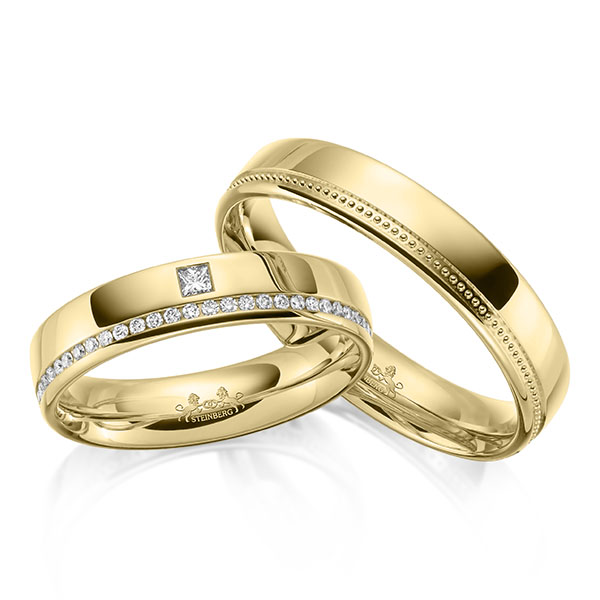 Paar klassische Memoire-Trauringe/Eheringe in Gelbgold 585 halbausgefasst mit zus. 0,17 ct. Brillant & Prinzess-Diamant tw, si von Steinberg - Q-1653-1 Paar klassische Memoire-Trauringe/Eheringe in Gelbgold 585 halbausgefasst mit zus. 0,17 ct. Brillant & Prinzess-Diamant tw, si von Steinberg - Q-1653-1