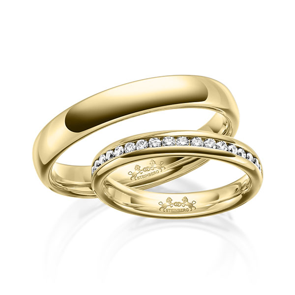 Paar klassische Memoire-Trauringe/Eheringe in Gelbgold 585 halbausgefasst mit zus. 0,3 ct. Brillant tw, si von Steinberg - Q-1622-1 Paar klassische Memoire-Trauringe/Eheringe in Gelbgold 585 halbausgefasst mit zus. 0,3 ct. Brillant tw, si von Steinberg - Q-1622-1