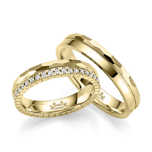 Paar klassische Memoire-Trauringe/Eheringe in Gelbgold 585 vollausgefasst mit zus. 0,42 ct. Brillant tw, si von Steinberg - Q-1696-2 Paar klassische Memoire-Trauringe/Eheringe in Gelbgold 585 vollausgefasst mit zus. 0,42 ct. Brillant tw, si von Steinberg - Q-1696-2