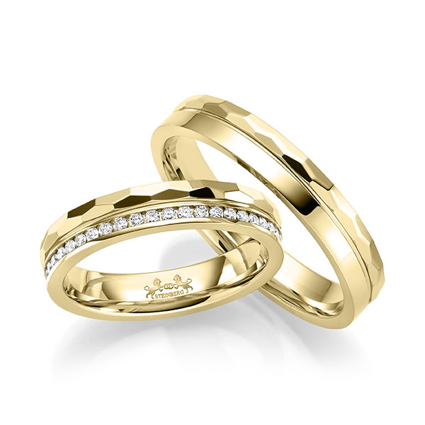 Paar klassische Memoire-Trauringe/Eheringe in Gelbgold 585 vollausgefasst mit zus. 0,45 ct. Brillant tw, si von Steinberg - Q-1692-6 Paar klassische Memoire-Trauringe/Eheringe in Gelbgold 585 vollausgefasst mit zus. 0,45 ct. Brillant tw, si von Steinberg - Q-1692-6