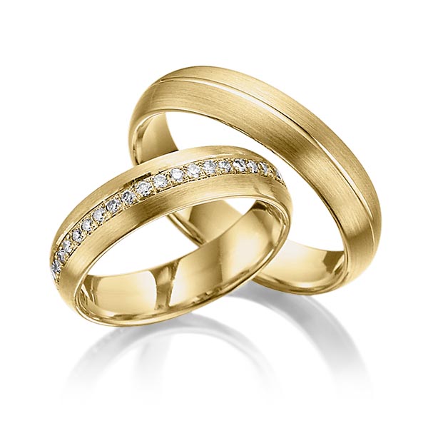Paar klassische Memoire-Trauringe/Eheringe in Gelbgold 585 vollausgefasst mit zus. 0,46 ct. Brillant tw, si von Steinberg - Q-1071-3 Paar klassische Memoire-Trauringe/Eheringe in Gelbgold 585 vollausgefasst mit zus. 0,46 ct. Brillant tw, si von Steinberg - Q-1071-3