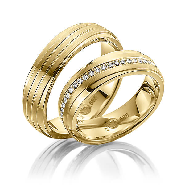 Paar klassische Memoire-Trauringe/Eheringe in Gelbgold 585 vollausgefasst mit zus. 0,48 ct. Brillant tw, si von Steinberg - T-1112-2 Paar klassische Memoire-Trauringe/Eheringe in Gelbgold 585 vollausgefasst mit zus. 0,48 ct. Brillant tw, si von Steinberg - T-1112-2