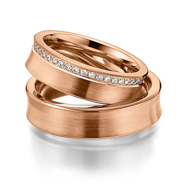 Paar klassische Memoire-Trauringe/Eheringe in Rotgold 585 vollausgefasst mit zus. 0,48 ct. Brillant tw, si von Steinberg - Q-1081-4 Paar klassische Memoire-Trauringe/Eheringe in Rotgold 585 vollausgefasst mit zus. 0,48 ct. Brillant tw, si von Steinberg - Q-1081-4