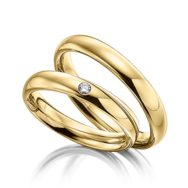 Paar klassische Trauringe/Eheringe in Gelbgold 585 mit zus. 0,03 ct. Brillant tw, si von Steinberg - Q-1084-2 Paar klassische Trauringe/Eheringe in Gelbgold 585 mit zus. 0,03 ct. Brillant tw, si von Steinberg - Q-1084-2