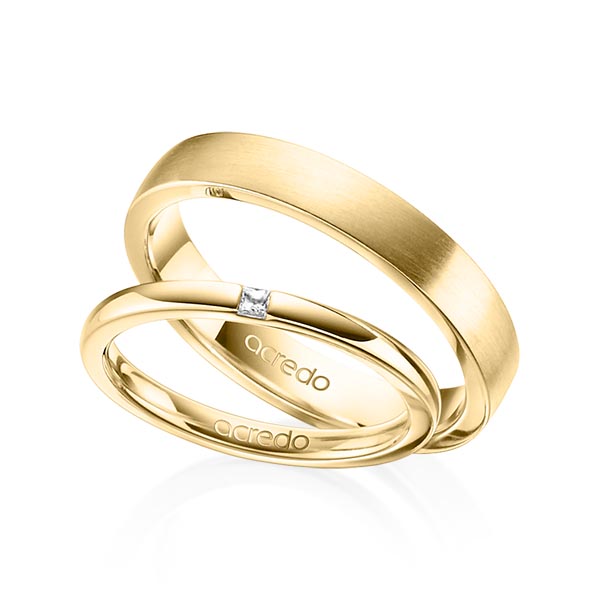 Paar klassische Trauringe/Eheringe in Gelbgold 585 mit zus. 0,03 ct. Prinzess-Diamant tw, si von acredo - A-1401-2 Paar klassische Trauringe/Eheringe in Gelbgold 585 mit zus. 0,03 ct. Prinzess-Diamant tw, si von acredo - A-1401-2