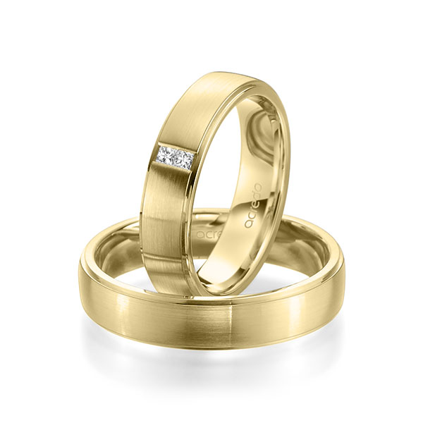 Paar klassische Trauringe/Eheringe in Gelbgold 585 mit zus. 0,06 ct. Prinzess-Diamant tw, si von acredo - A-1964-6 Paar klassische Trauringe/Eheringe in Gelbgold 585 mit zus. 0,06 ct. Prinzess-Diamant tw, si von acredo - A-1964-6