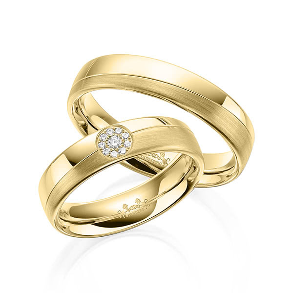Paar klassische Trauringe/Eheringe in Gelbgold 585 mit zus. 0,07 ct. Brillant tw, si von Steinberg - Q-1608-2 Paar klassische Trauringe/Eheringe in Gelbgold 585 mit zus. 0,07 ct. Brillant tw, si von Steinberg - Q-1608-2