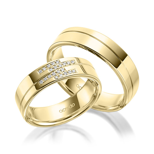 Paar klassische Trauringe/Eheringe in Gelbgold 585 mit zus. 0,11 ct. Brillant tw, si von acredo - A-1976-1 Paar klassische Trauringe/Eheringe in Gelbgold 585 mit zus. 0,11 ct. Brillant tw, si von acredo - A-1976-1