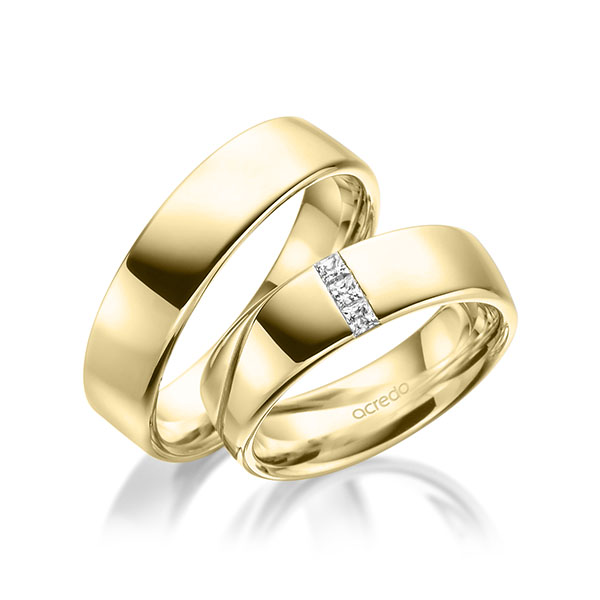 Paar klassische Trauringe/Eheringe in Gelbgold 585 mit zus. 0,12 ct. Prinzess-Diamant tw, si von acredo - A-1938-1 Paar klassische Trauringe/Eheringe in Gelbgold 585 mit zus. 0,12 ct. Prinzess-Diamant tw, si von acredo - A-1938-1
