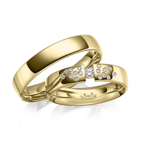 Paar klassische Trauringe/Eheringe in Gelbgold 585 mit zus. 0,14 ct. Brillant tw, si von Steinberg - Q-1662-1 Paar klassische Trauringe/Eheringe in Gelbgold 585 mit zus. 0,14 ct. Brillant tw, si von Steinberg - Q-1662-1